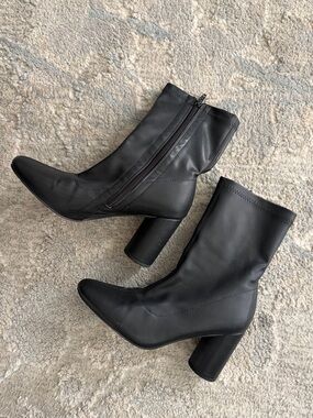 French Connection Black Mid-Calf Block Heel Zip Boots